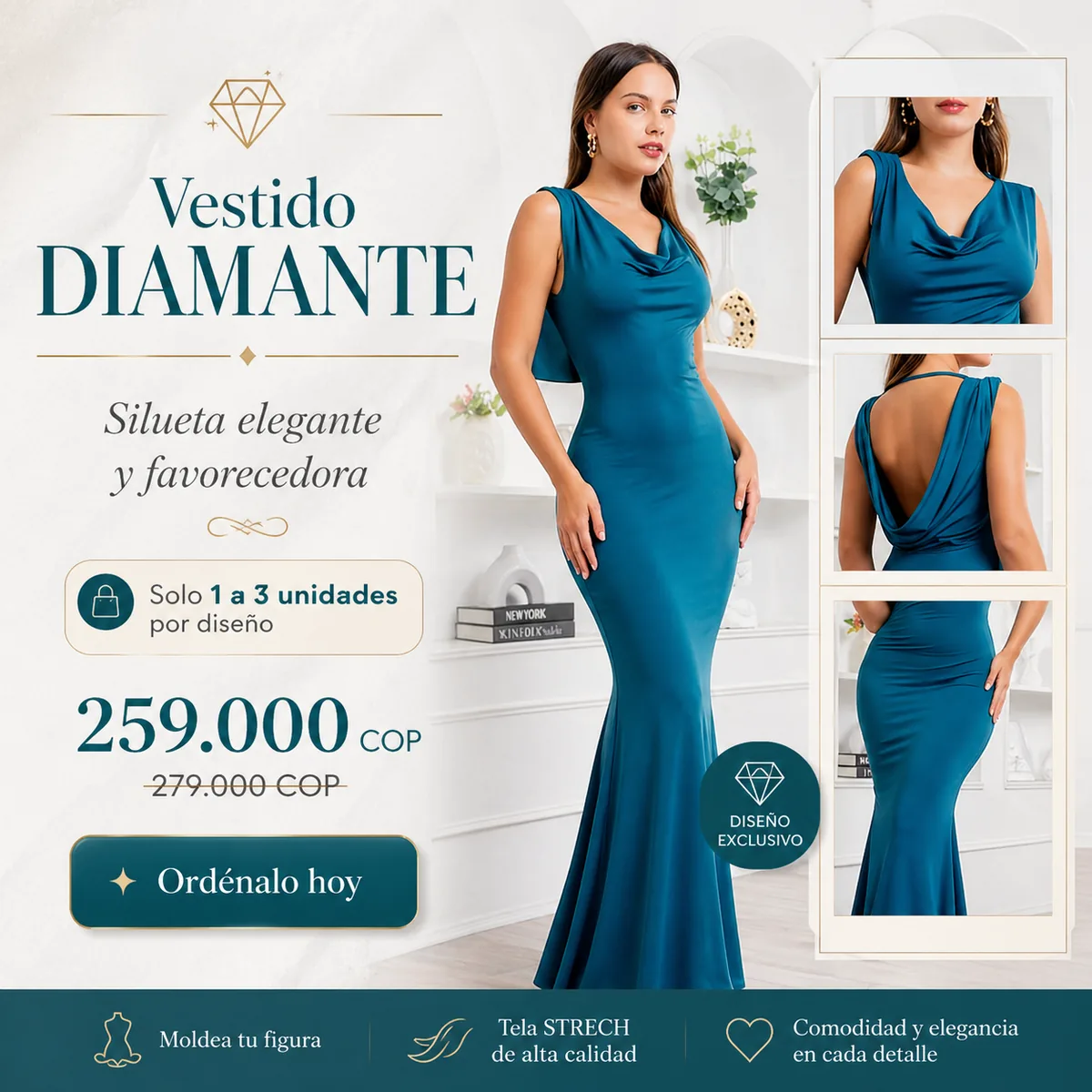 Vestido Diamante Teal — Silueta elegante